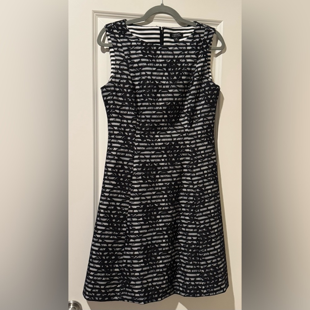 Tahari ASL Black and White Mock Neck A-Line Dress